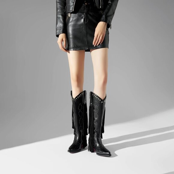 Women's Black Fashion Pointed Toe Chunky Heel Rivet Pull-On Knee High Fringe - Picture 2 of 8